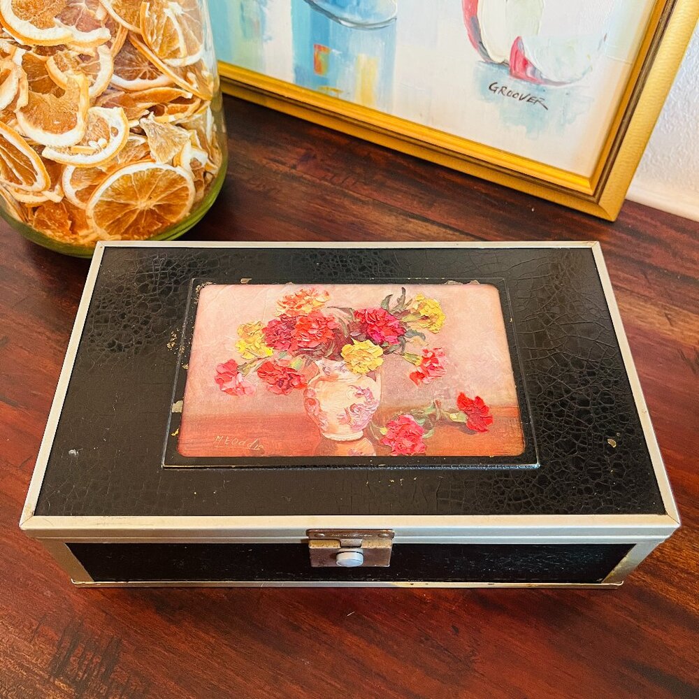Antique 1920s Box Wood Metal Leather Floral Grandma Cottagecore Americana Histor